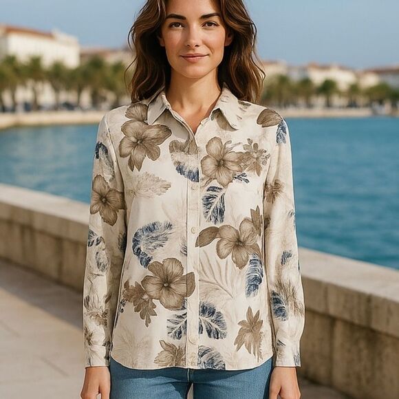 Alfred Dunner Women’s Button Up Blouse Floral Hawaiian Print Size 12P - Picture 1 of 7